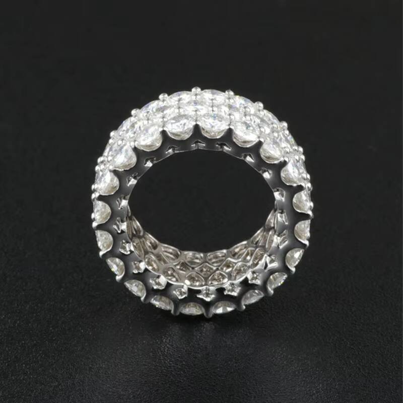 Three Rows 14k White Real Gold Mens Moissanite Ring