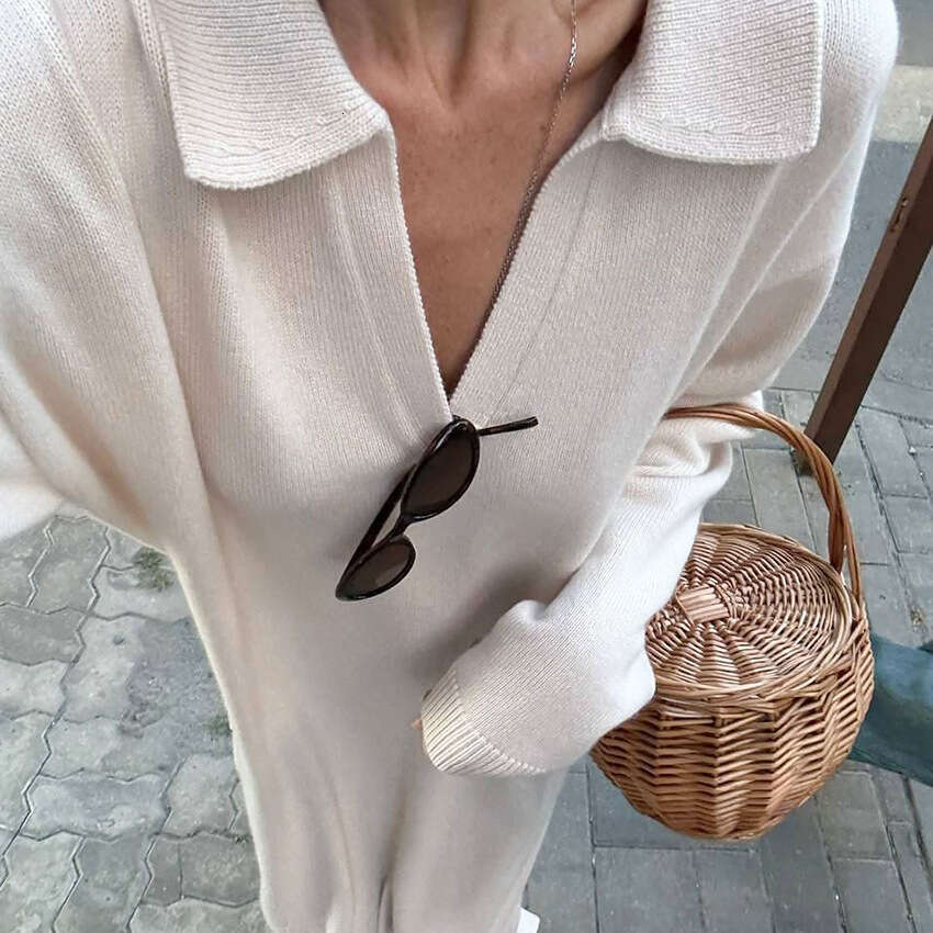 Autumn Winter New Loose Versatile Turn-Down Collar V-Neck Dress Design Sense Elegant Fashion Casual Commuting B3