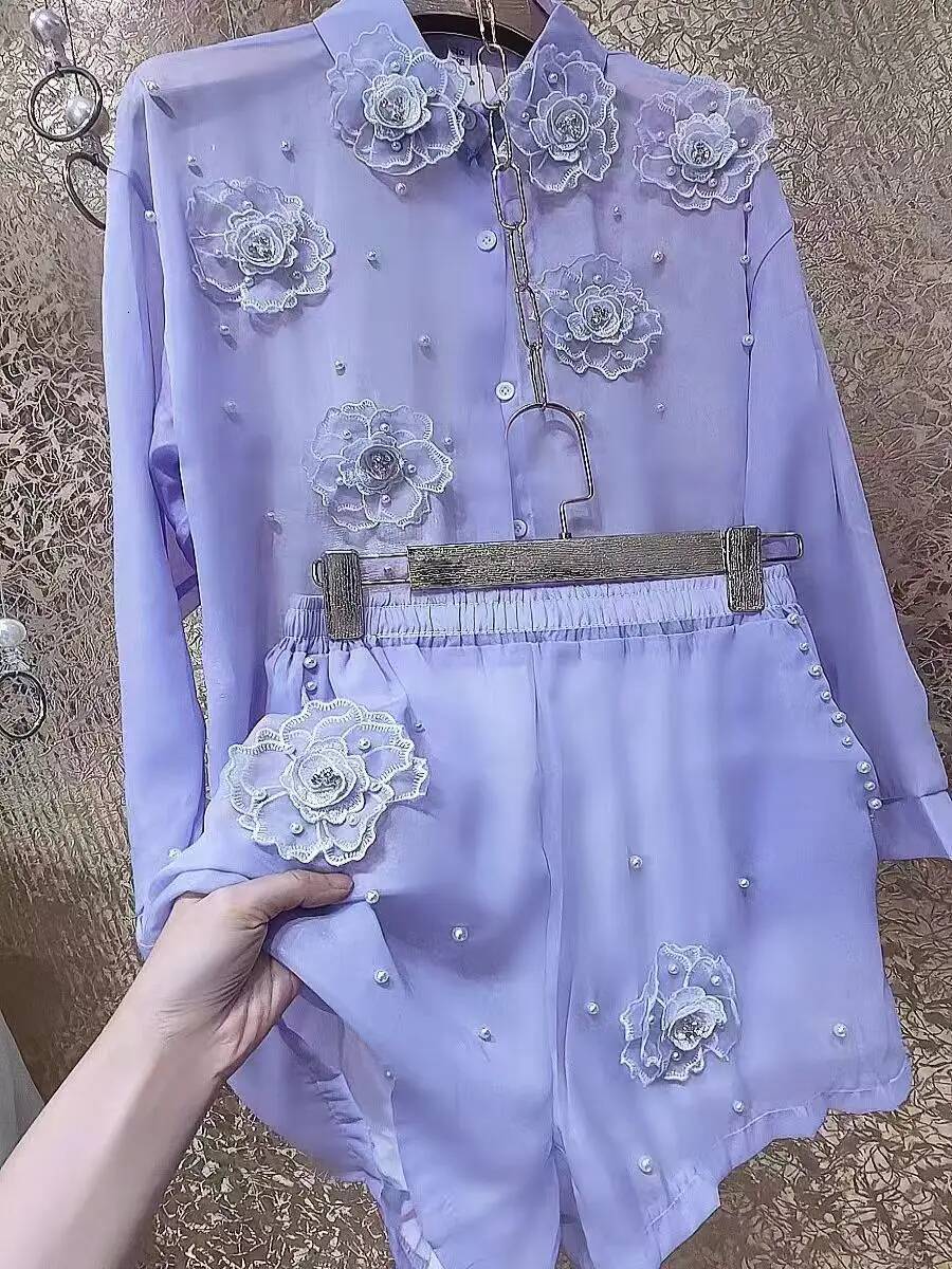 2025 design new bead D-flower sewn women's long sleeved shirt summer thin high waisted shorts two-piece set women's designer outdoor sportsw