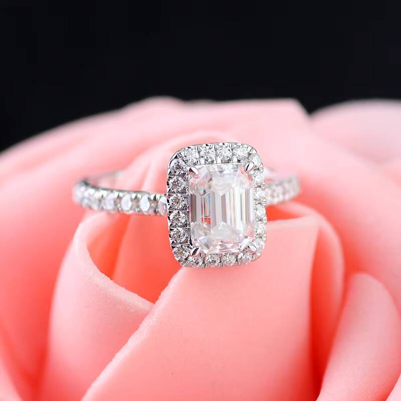 18carat white gold 6x8mm colorless DEF VVS emerald cut moissanite diamond halo ring for wedding