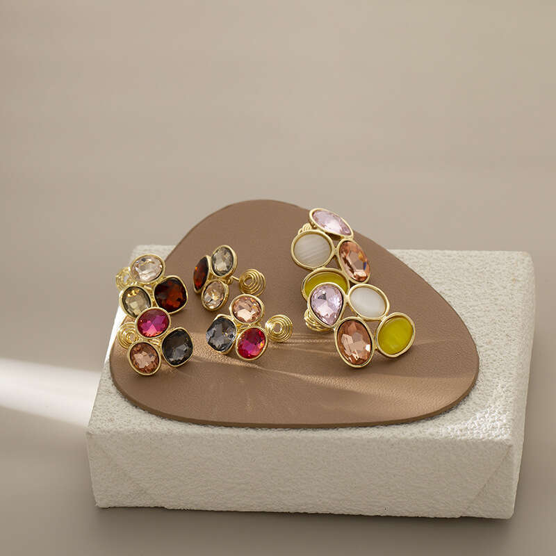 DHpet Light Personality Color-Block Crystal Oval Earrings Japanese and Korean Exquisite Creative Fashion Mosquito Coil Clips Without Ear Holes