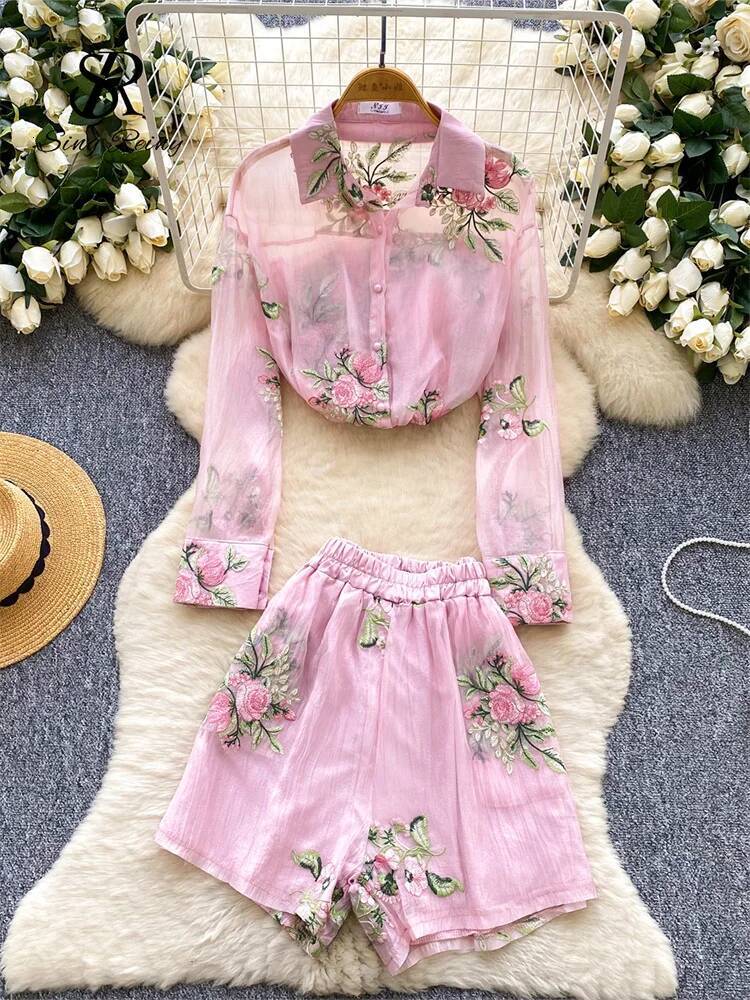 2025 New High Quality Embroidery Fashion Set Women's Round Neck Long Sleeve Transparent Shirt Elastic Flower design Loose Beach Shorts Designer S
