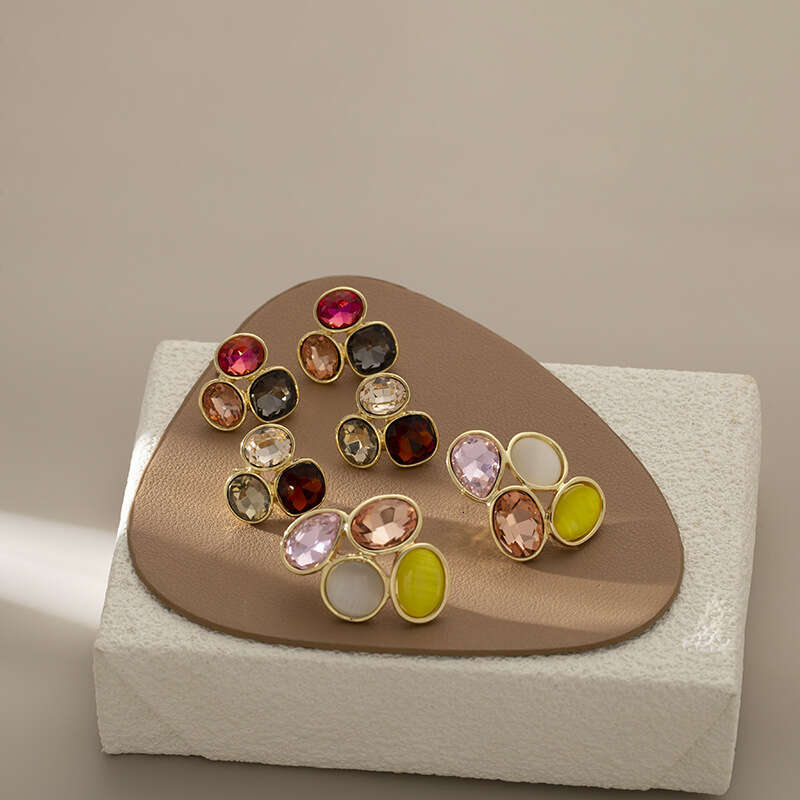 DHpet Light Personality Color-Block Crystal Oval Earrings Japanese and Korean Exquisite Creative Fashion Mosquito Coil Clips Without Ear Holes