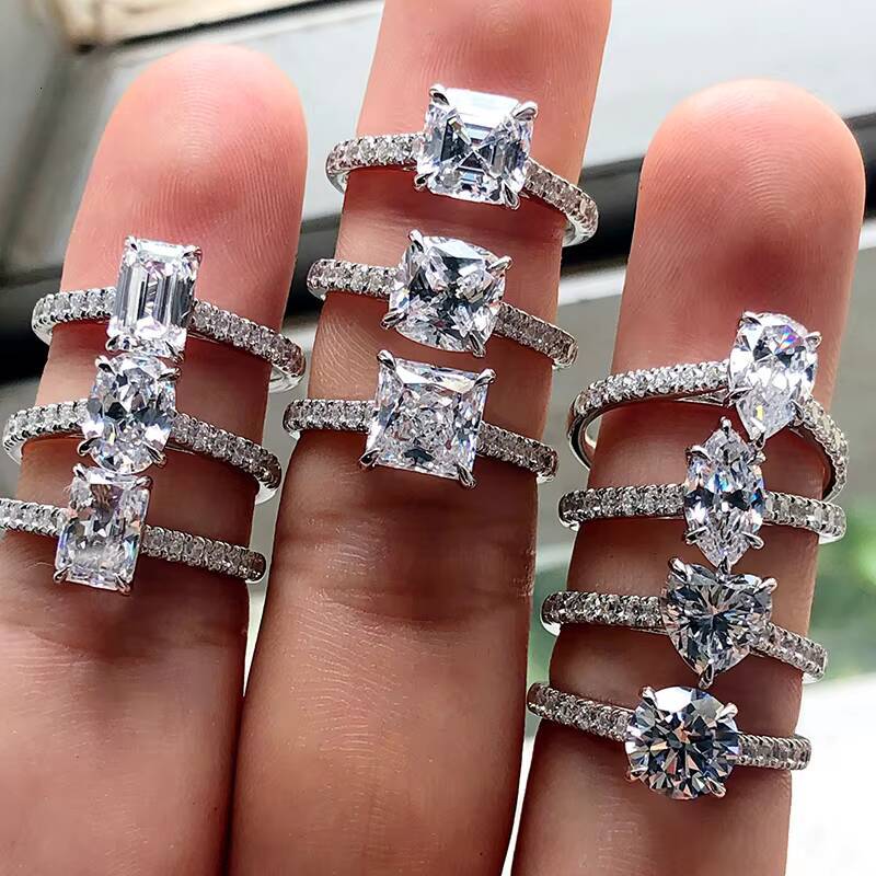 Wholesale Price 80 Sterling Silver Moissanite Statement Solitaire Ring White Gold Plated Diamond Halfway Paved Gemstone Ring
