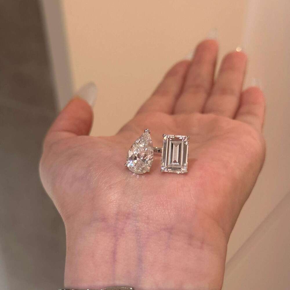 jewelry rings S925 Silver Twin stone Pear shaped Drop and Square cut Diamond set Open ring
