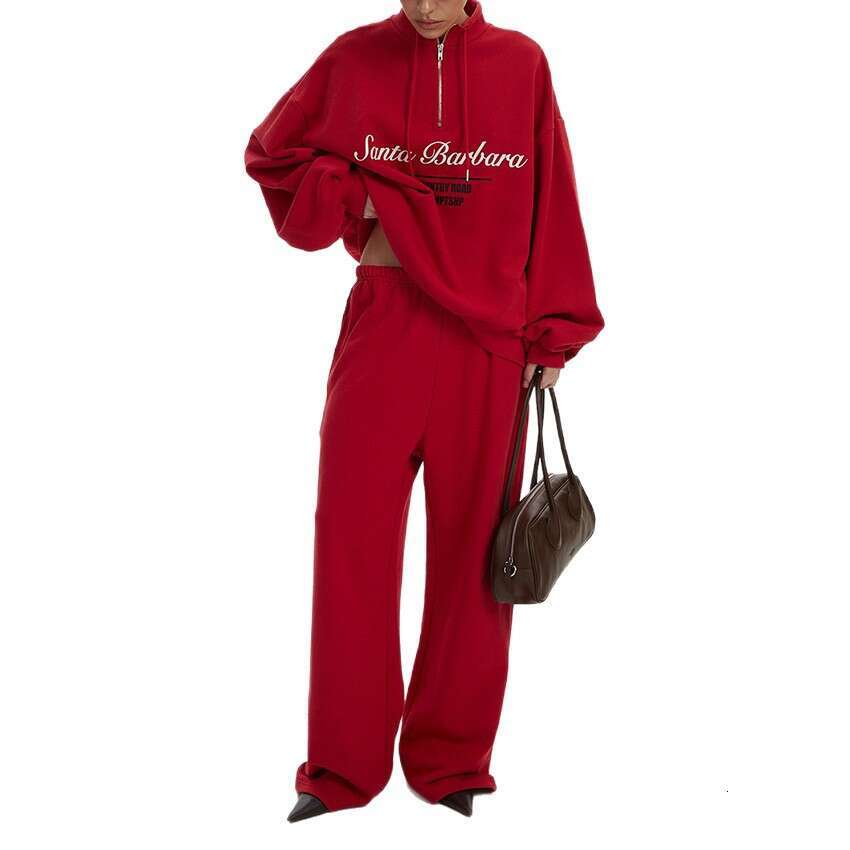Autumn Winter New Loose Simple Zipper Printed Sweatshirt Wide-Leg Pants Set Design Sense Elegant Casual B3