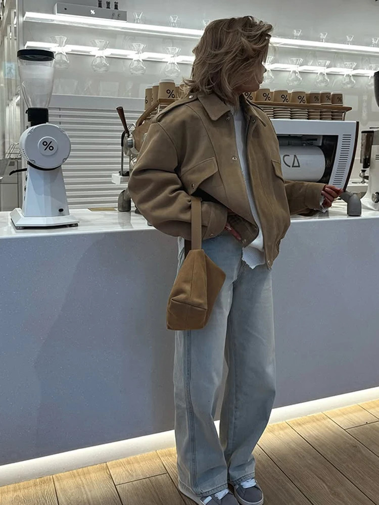 Thicken Suede Jacket Loose Lapel Long Sleeves Zipper Elastic Band Coats Female 2025 Autumn Chic Commute Solid Outwears 250905