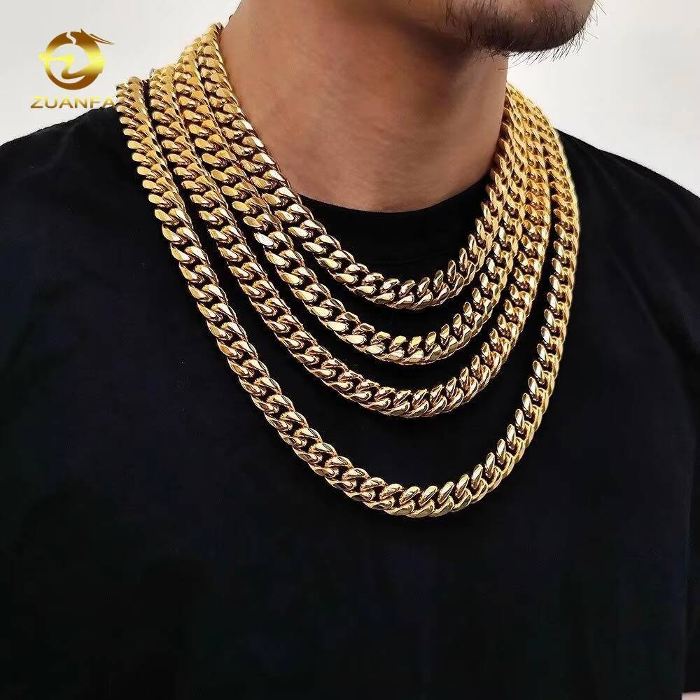 Fashion Hip Hop Jewelry Necklaces Stainless Steel 18K Gold Plated Cuban Link Chain Spring Clasp Chains for Men