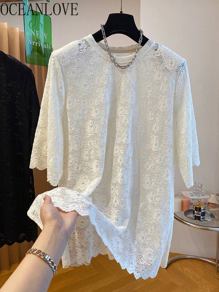 2025 New Women's Lace T-shirt Spring/Summer Solid Color Korean Fashion Elegant Designer Simple design Loose Tank Top