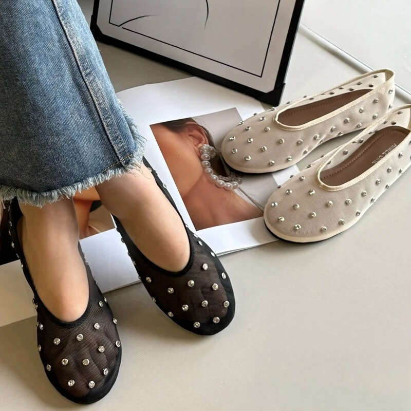 Niche Fashion Round Toe Designer Shoe Rhinestone Mary Jane Shoes for Women, Mesh Hollow Breathable Flat Comfortable Ballet Flats