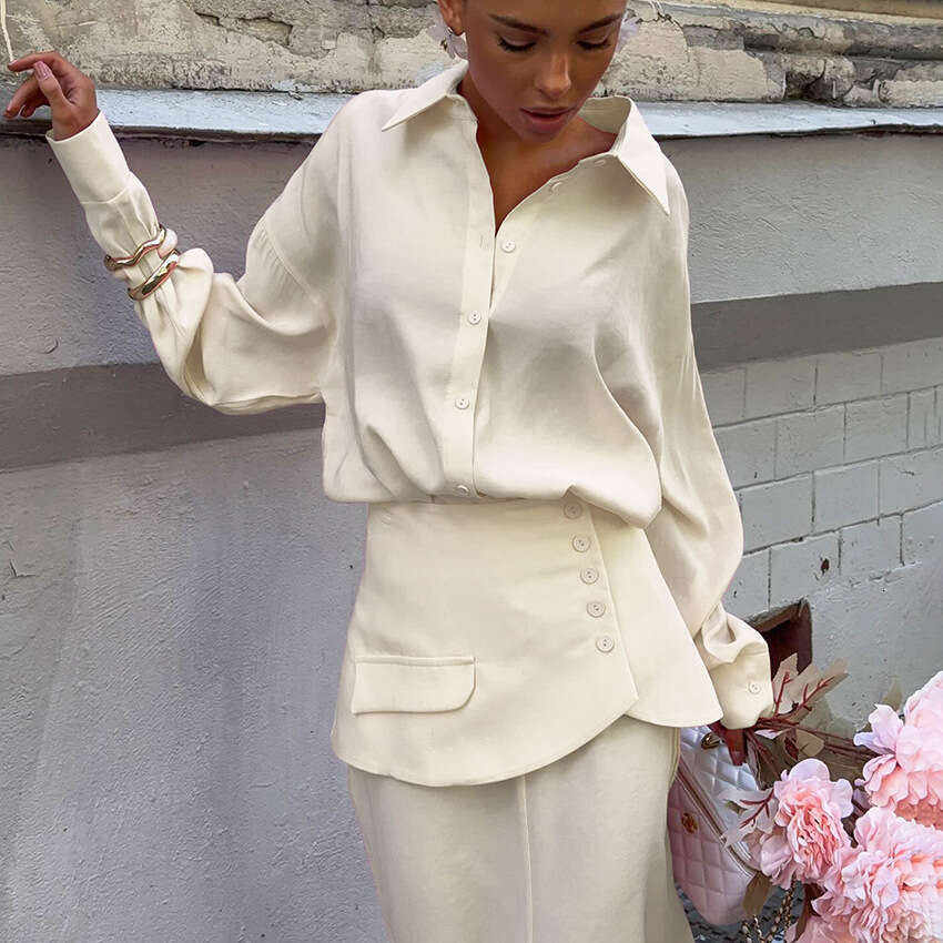 Autumn Winter New Long Sleeve Shirt Waist Cinch Half Skirt Set Design Sense Elegant Fashion Commuting B5