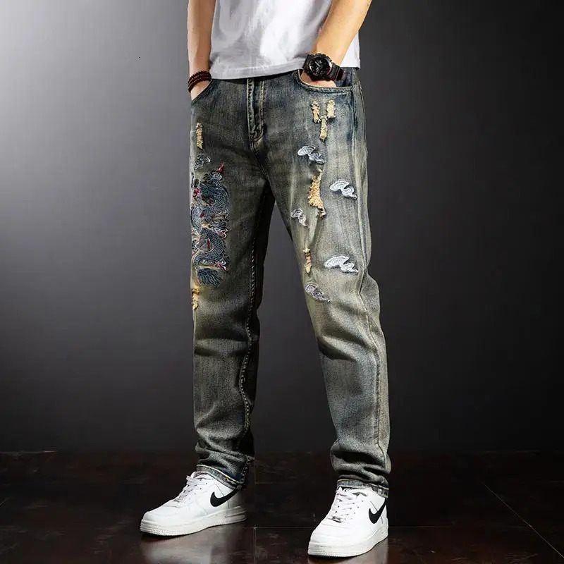 Loose Trousers Jeans for Men Baggy Embroidery Soft Clothes Y2k 2000s Streetwear Trend Wide Leg Xs Man Cowboy Pants Classic 250906