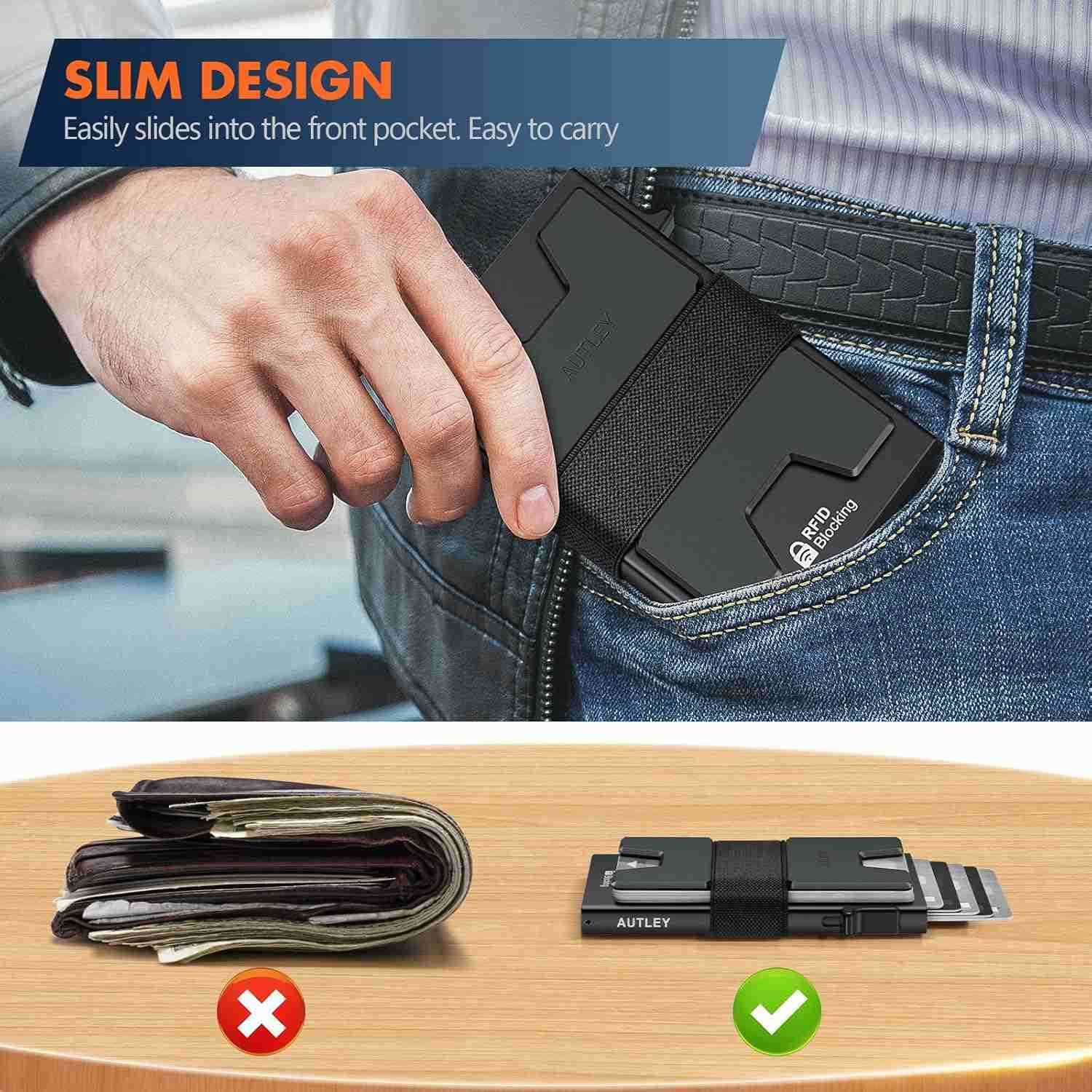 Slim Card Holder Minimalist Pop Up Wallet for Men RFID Blocking Mens Wallet with Cash Band BlackW250906
