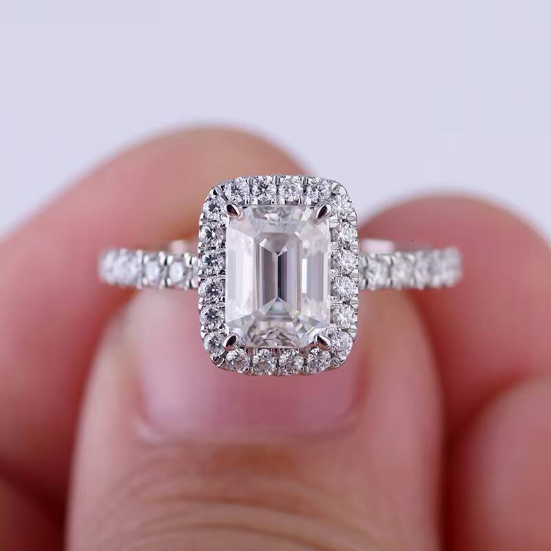 18carat white gold 6x8mm colorless DEF VVS emerald cut moissanite diamond halo ring for wedding