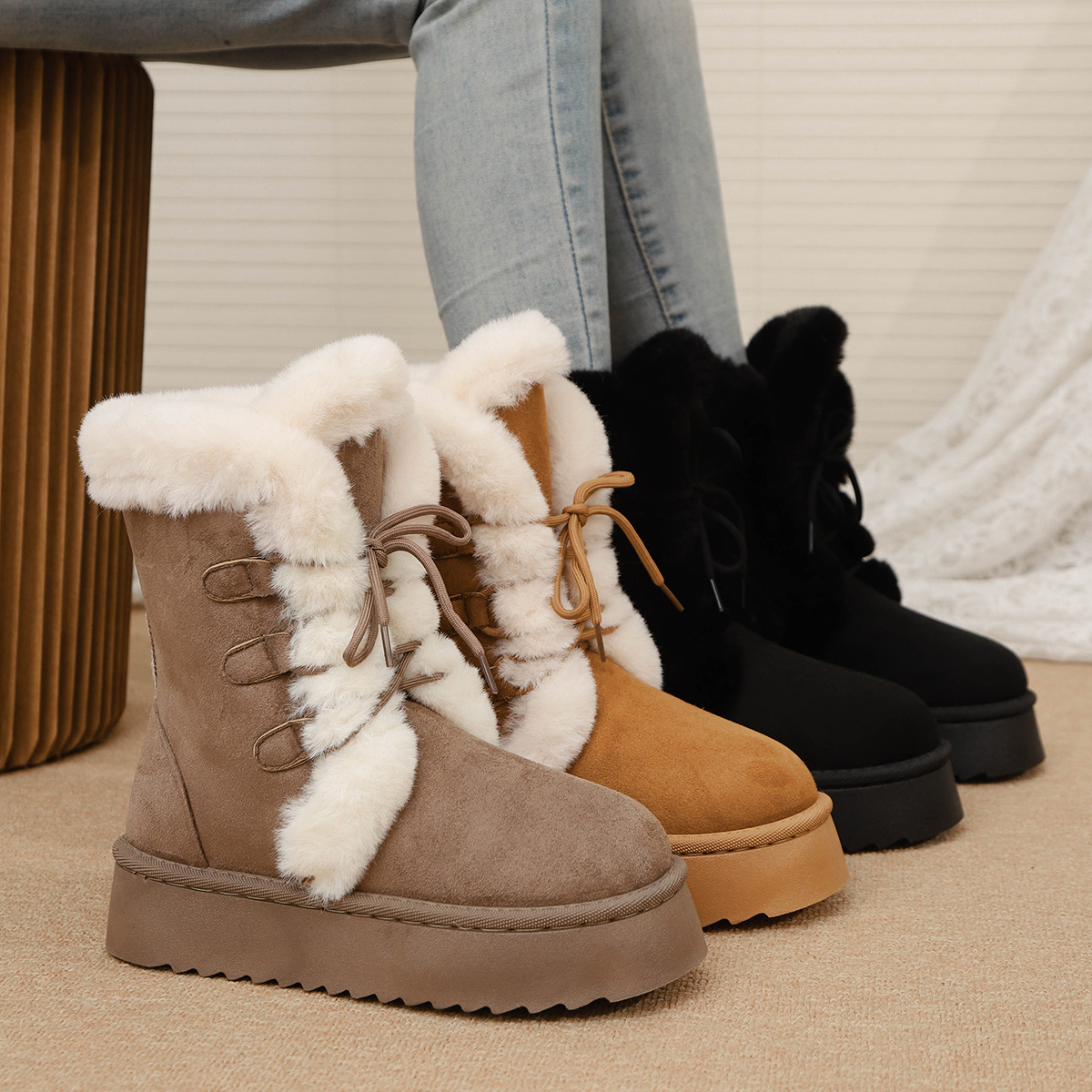 Free shipping Designer Boots Autumn winter snow boots for women thickened thick soled cotton shoes with increased height furry warm boots black