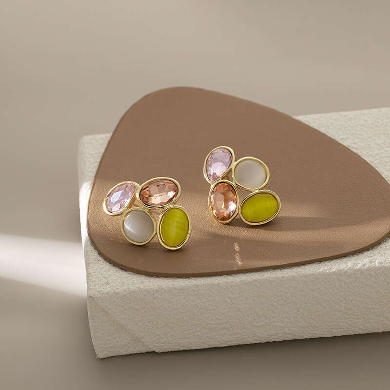 DHpet Light Personality Color-Block Crystal Oval Earrings Japanese and Korean Exquisite Creative Fashion Mosquito Coil Clips Without Ear Holes