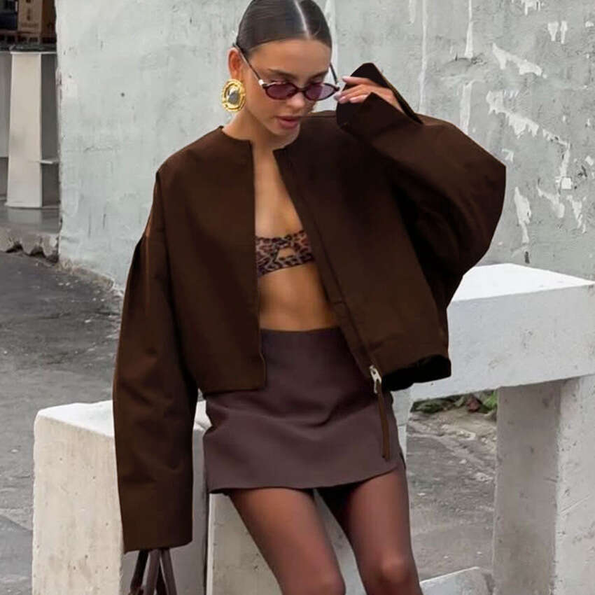 Autumn Winter New Loose Zipper Round Neck Short Long Sleeve Jacket For Women With Design Sense, Elegant And Fashionable Commuting B3