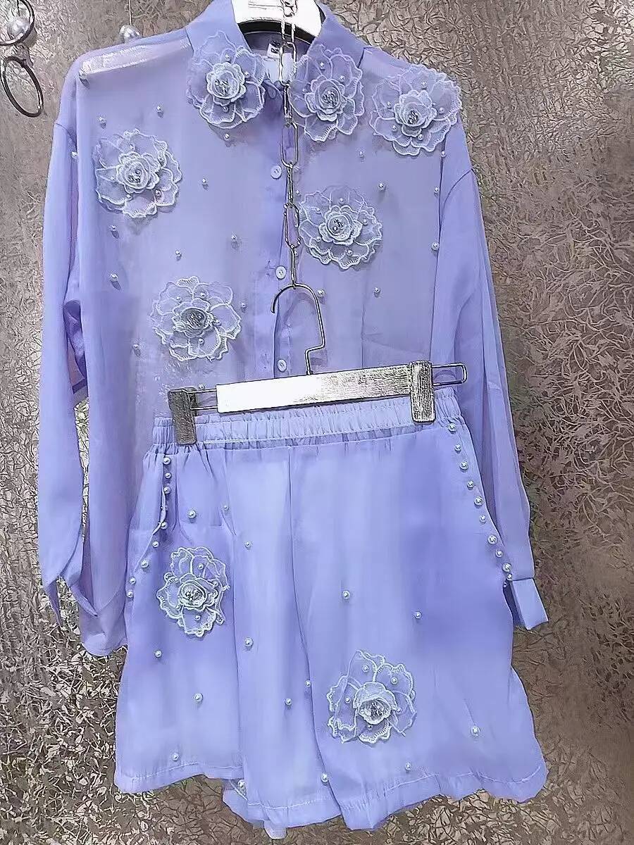 2025 design new bead D-flower sewn women's long sleeved shirt summer thin high waisted shorts two-piece set women's designer outdoor sportsw