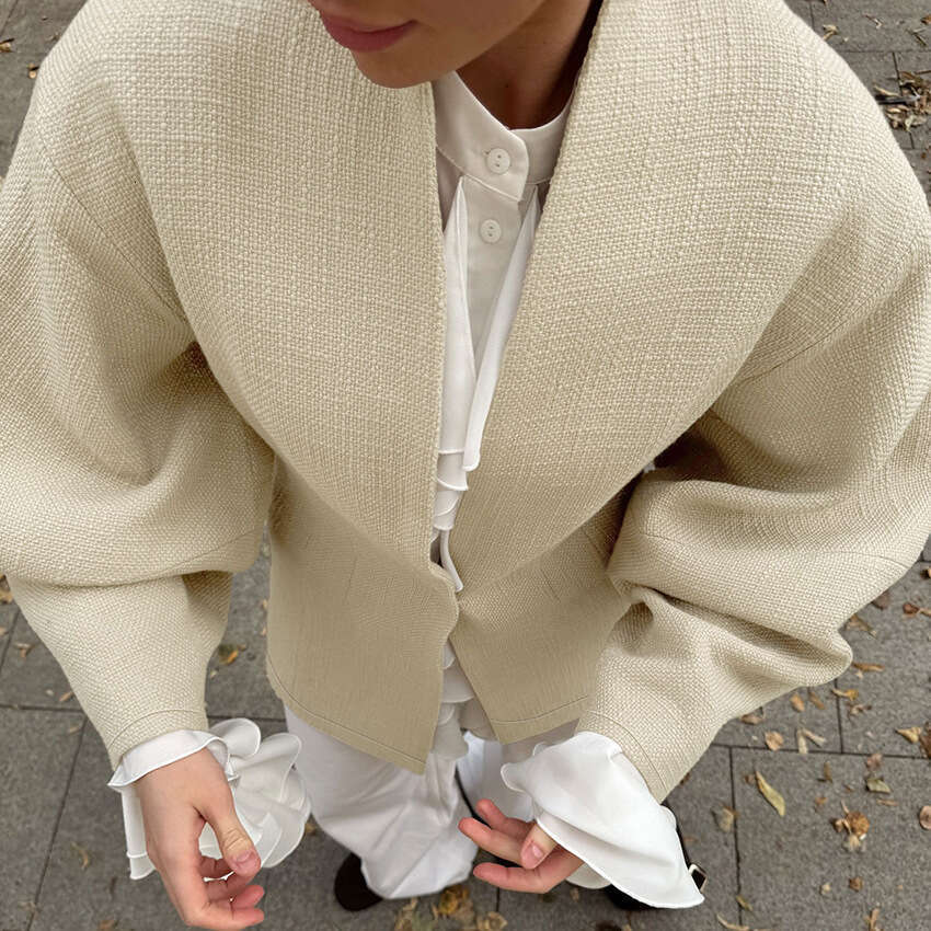 Autumn Winter New Versatile Bamboo Texture Waist-Cinching Long Sleeve Jacket Women With Design Sense And Casual Style For Commuting In B3