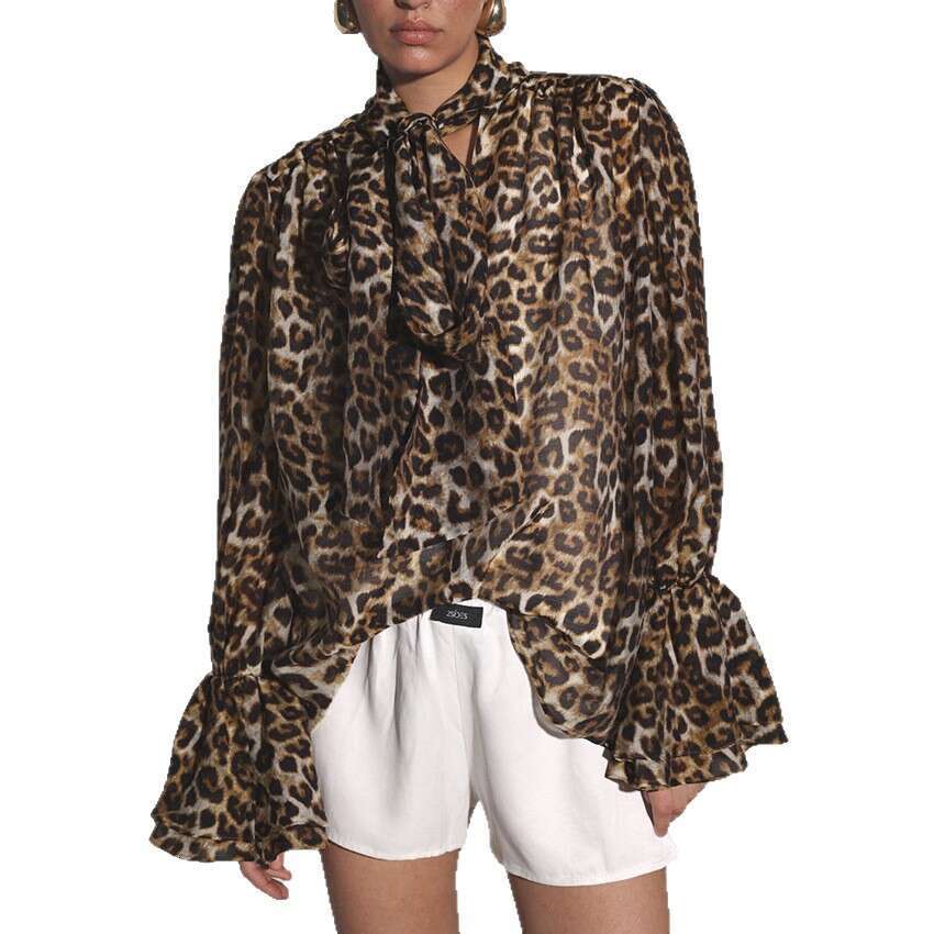 Autumn Winter New Loose Ruffled Tie Leopard Print Chiffon Blouse Design Sense Elegant Fashion Commuting B3