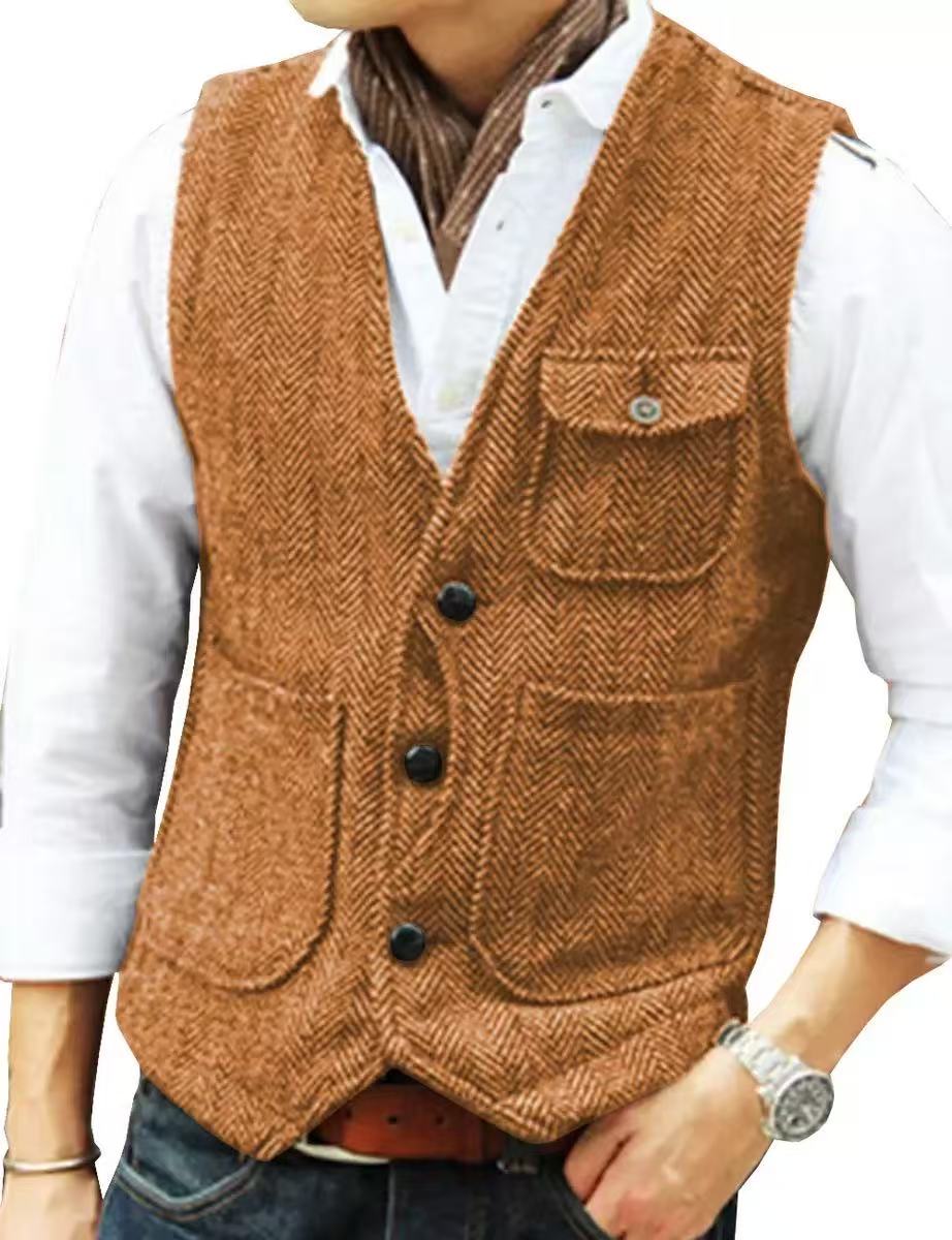 T1654 Men's Vest Korean Style Fashion Single-Breasted Sleeveless Vest Men's Western Cowboy Waistcoat