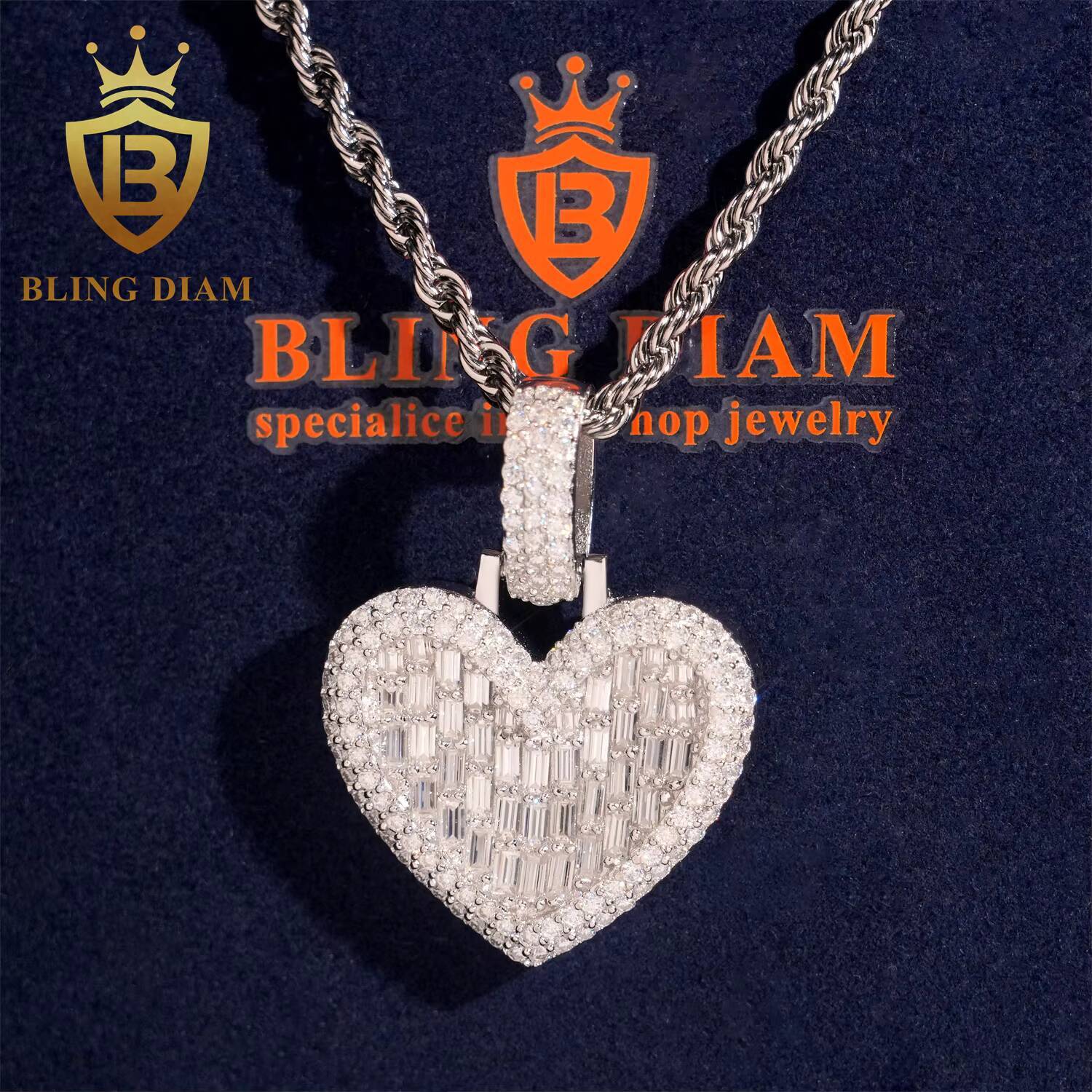 Iced Out Baguette Cut Heart Pendant Hip Hop Jewelry 925 Silver Moissanite Pendant Pass Diamond Tester