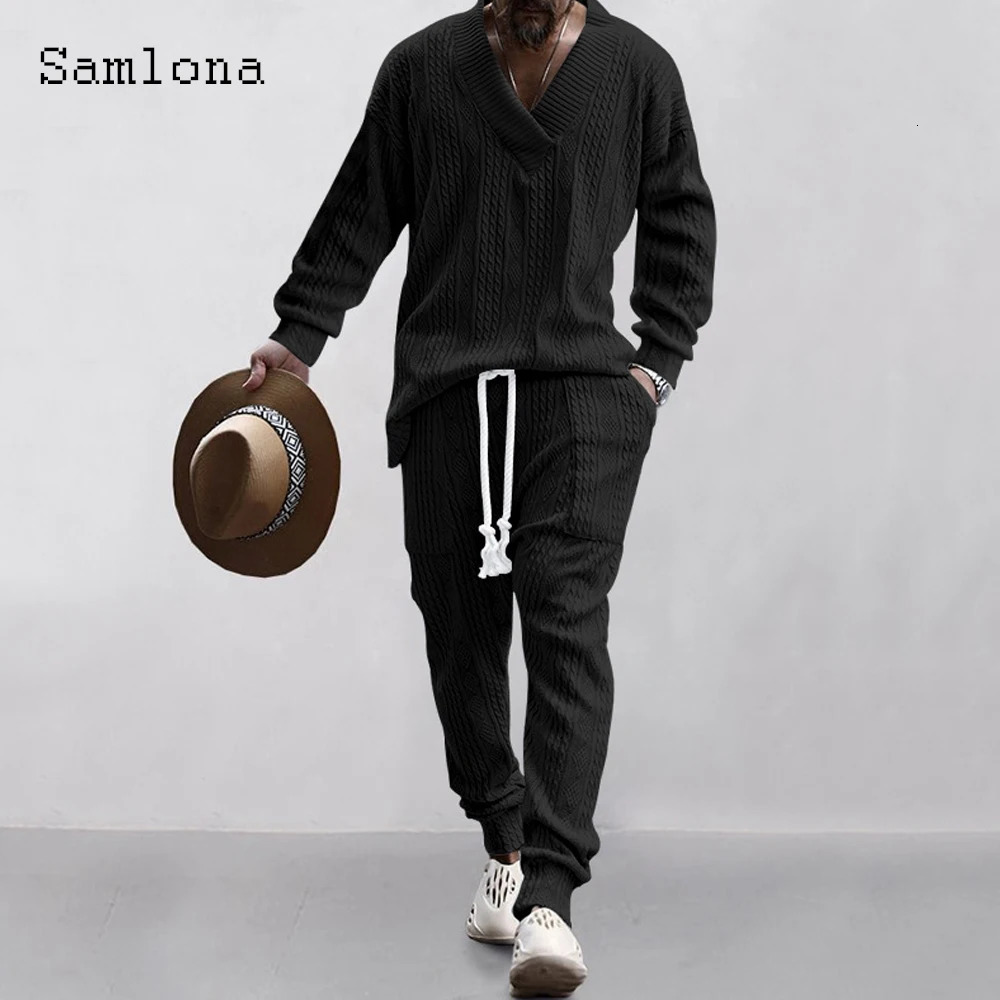 Mens Casual Knitting Two Piece Sets Winter Fashion Irregular Top Sweater and Solid White Sweatpants Male Tracksuits Set 250906