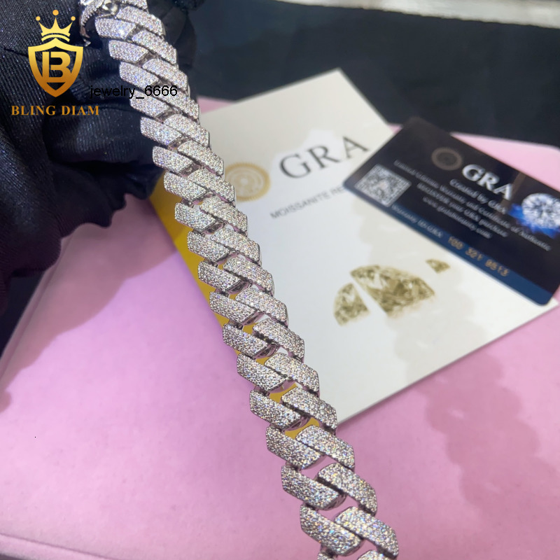 In Stock with GRA Hip Hop Style S925 Moissanite 15mm Cuban Chain Pass Diamond Tester Iced Out Moissanite Necklace Chain Silver