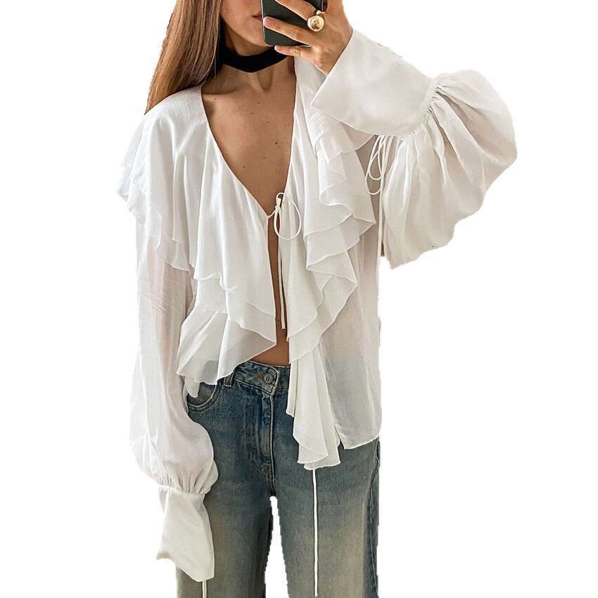 Autumn Winter New Loose V-Neck Ruffle Tie Semi-Transparent Rayon Shirt Design Sense Elegant Fashion B5