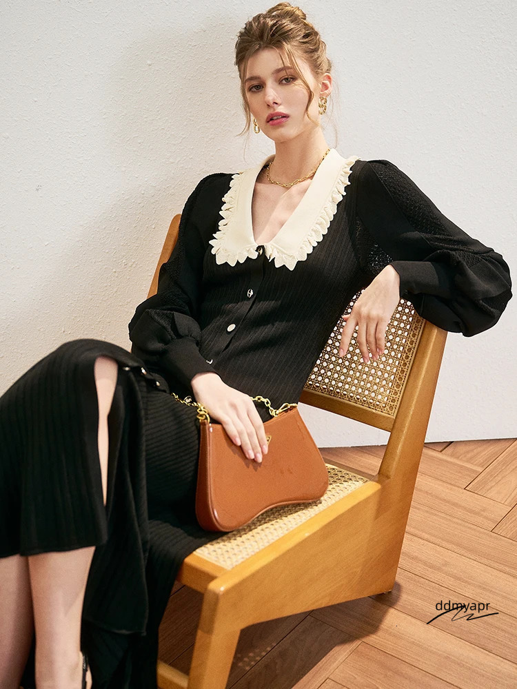 Vintage Knitted Long Sleeve From Korea Elegant Autumn/Winter Sweet Peter Pan Ddmydec Collar A-Line Womens Button Black Midi Dress Fashionable 241125 D