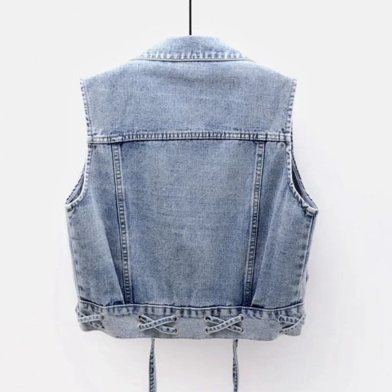 Denim Vest Summer Thin Top Womens Slimming Jacket Versatile AgeReducing Belt Large Pocket Jacket For MiddleAged Peop 250906