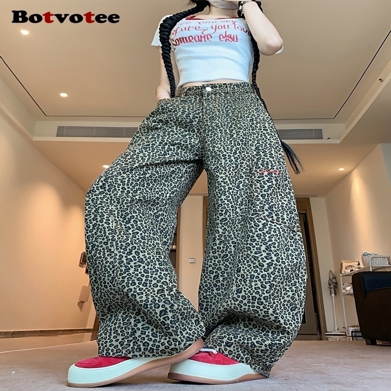 Botvot Baggy Leopard Print Jeans for Women Retro American High Waisted Y2k Denim Pants Hip Hop Straight Wide Leg Cargo Z260313