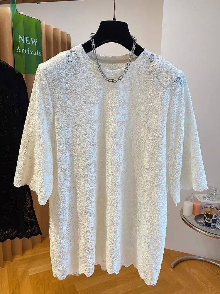 2025 New Women's Lace T-shirt Spring/Summer Solid Color Korean Fashion Elegant Designer Simple design Loose Tank Top