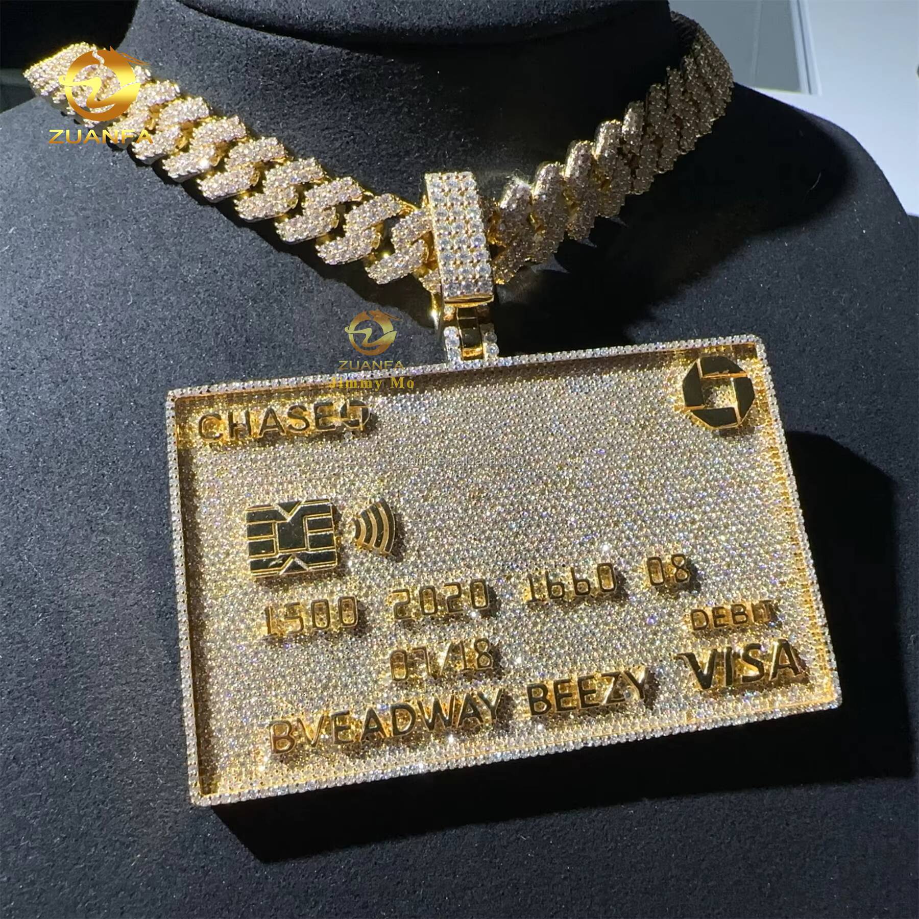 Sparkle Rapper Jewelry 3 Iced Out 3D Fully Jewelry Solid Silver Yellow Gold Plated Moissanite Diamond Credit Card Pendant Set