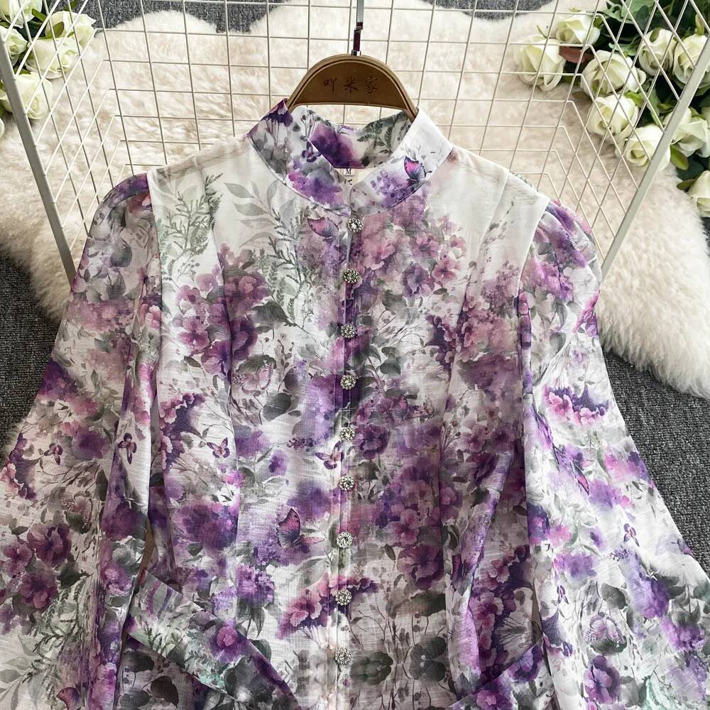 design 2025 New Chinese Women's Dress Spring and Autumn New Fashion Printed Lantern Sleeve Robe Slimming Stand Collar Designer Tank Top
