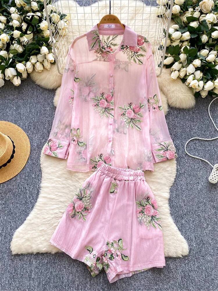 2025 New High Quality Embroidery Fashion Set Women's Round Neck Long Sleeve Transparent Shirt Elastic Flower design Loose Beach Shorts Designer S