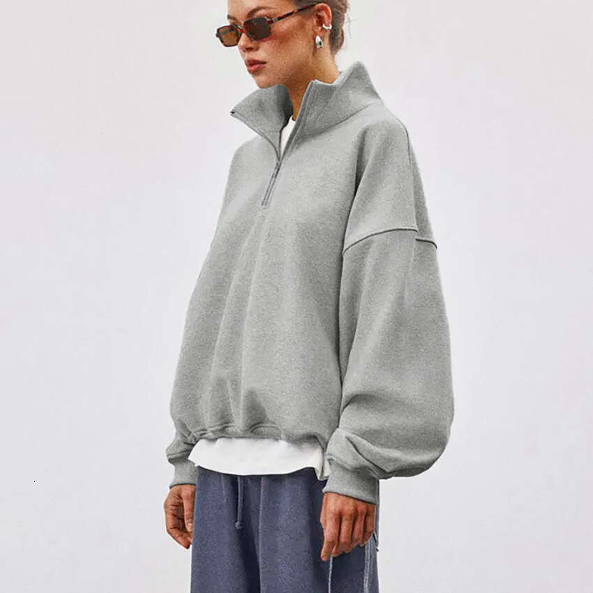Autumn Winter New Loose Zipper Stand Collar Long Sleeve Gray Sweatshirt Women With Design Sense And Casual Style For Commuting In B5