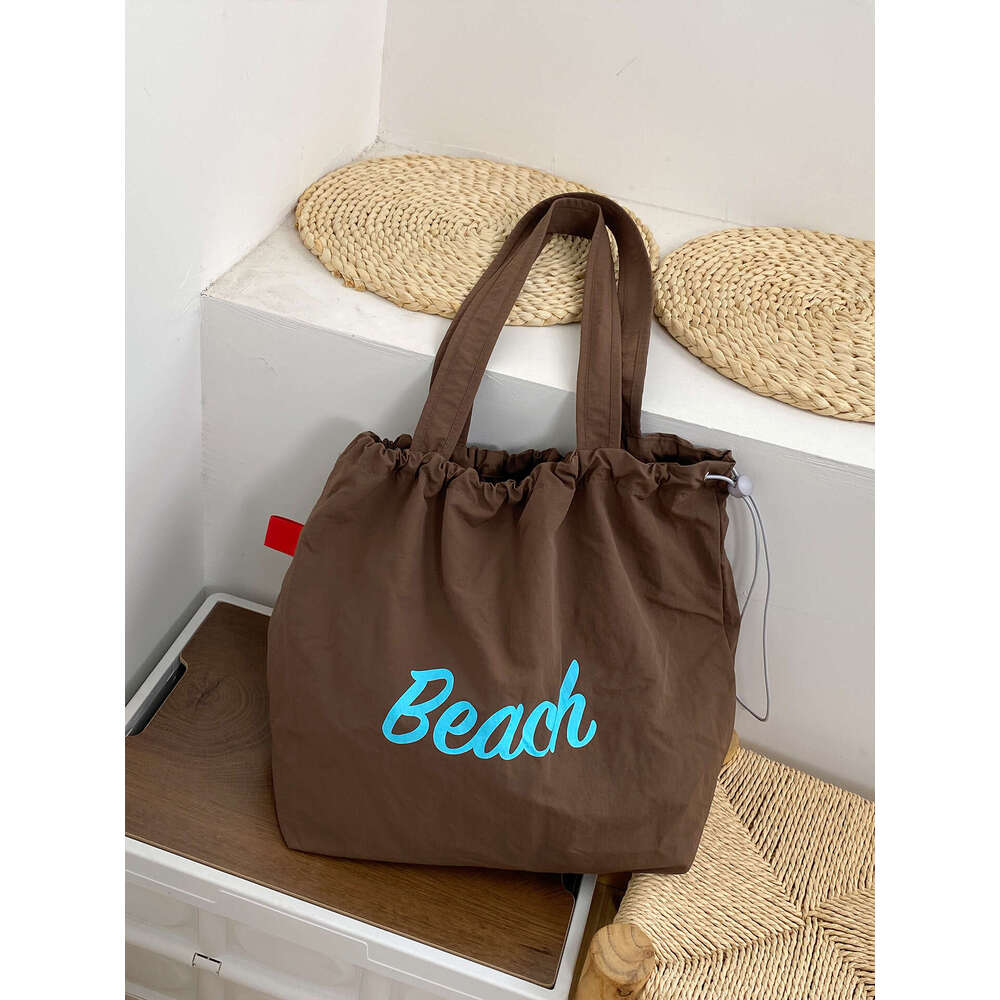 Korean Style New Letter Print for Women Large Capacity Nylon Shoulder Casual Versatile Portable Drawstring Tote Bag