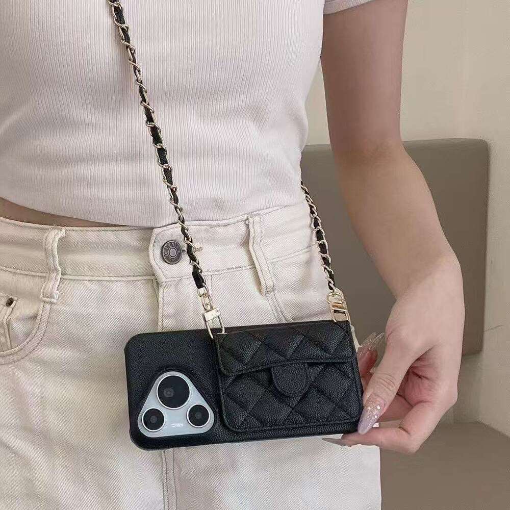 DHgargets Chanel Style Lychee Pattern Chain for iPhone 15 Pro Max, Apple 13, Crossbody 12, Internet Celebrity 16 Phone Case Caviar