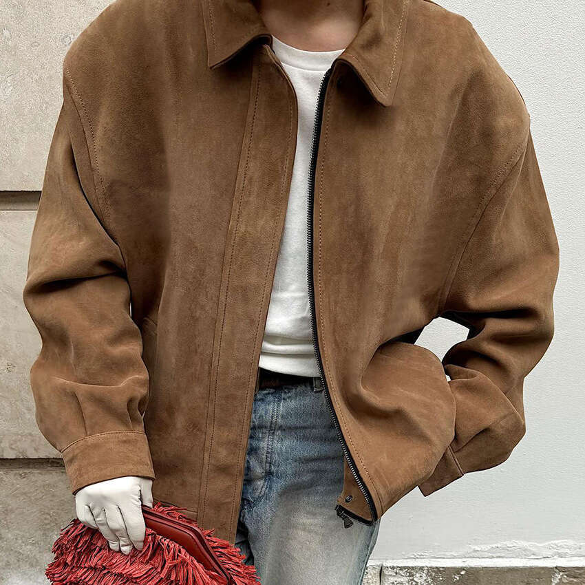 Autumn Winter New American Style Turn-Down Collar Suede Jacket With Design Sense, Elegant And Fashionable For Commuting B5