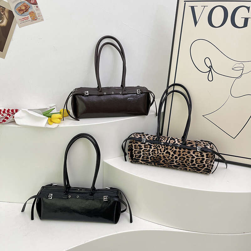 Leopard Print Bowling Women's New Fashion Versatile Niche Belt Buckle Long Strip Shoulder Underarm Baguette Bag