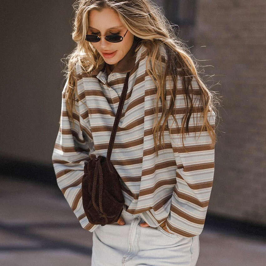 Autumn Winter New Simple Polo Collar Striped Long Sleeve T-Shirt Design Sense Elegant Fashion Commuting B5