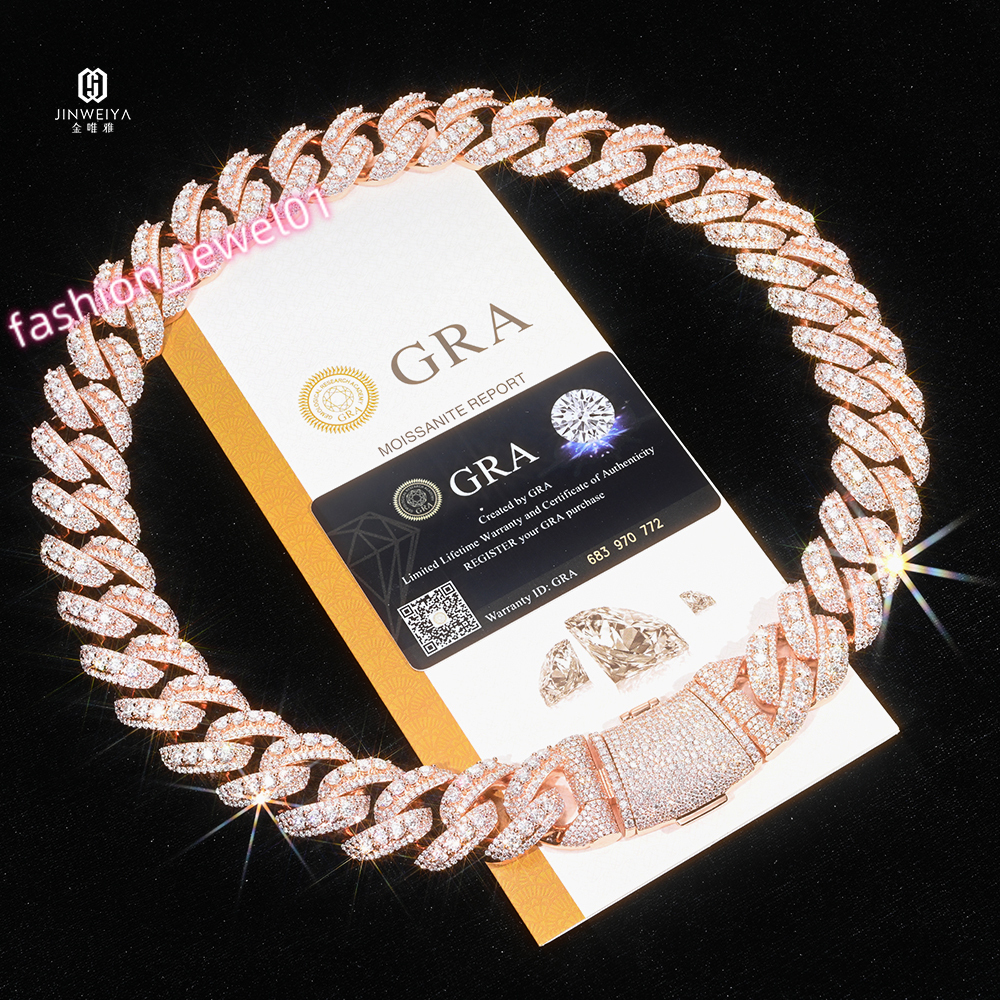 New Luxury HipHop Jewelry 22mm Iced Out Moissanite S925 Sterling Silver Rose Gold Plated Raised Chain Mens Cuban Chain