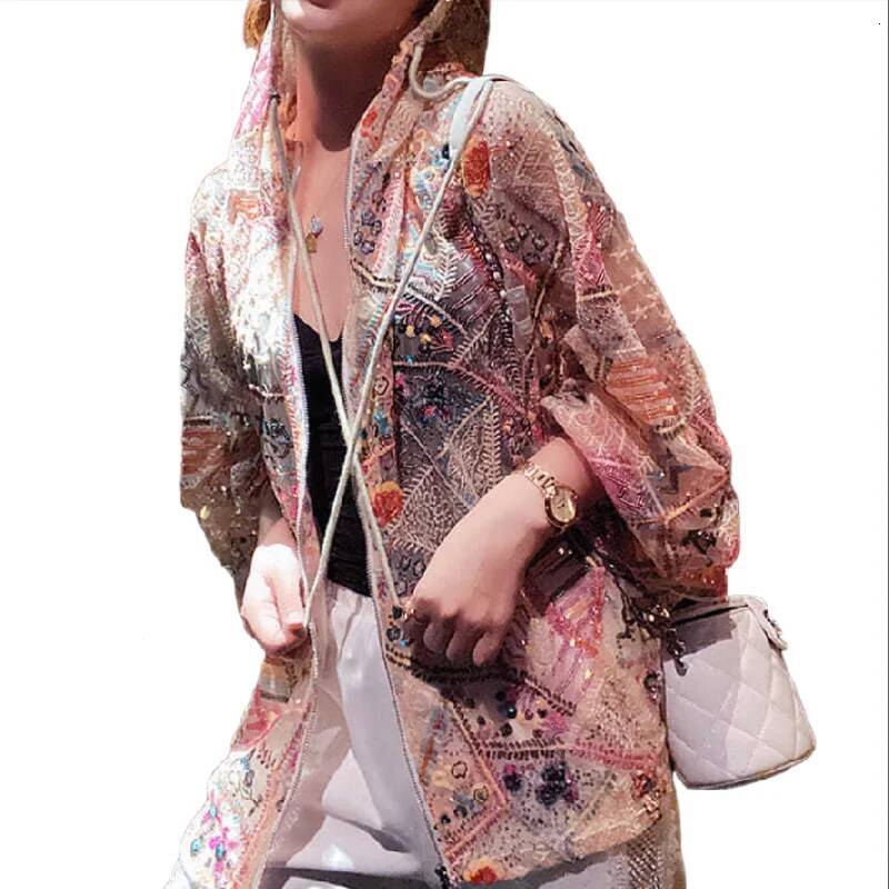 2025 new women's sequined hooded jacket design jacket, thin bead baseball cardigan, sun protection zipper bomb jacket, pink designer shiny mesh p