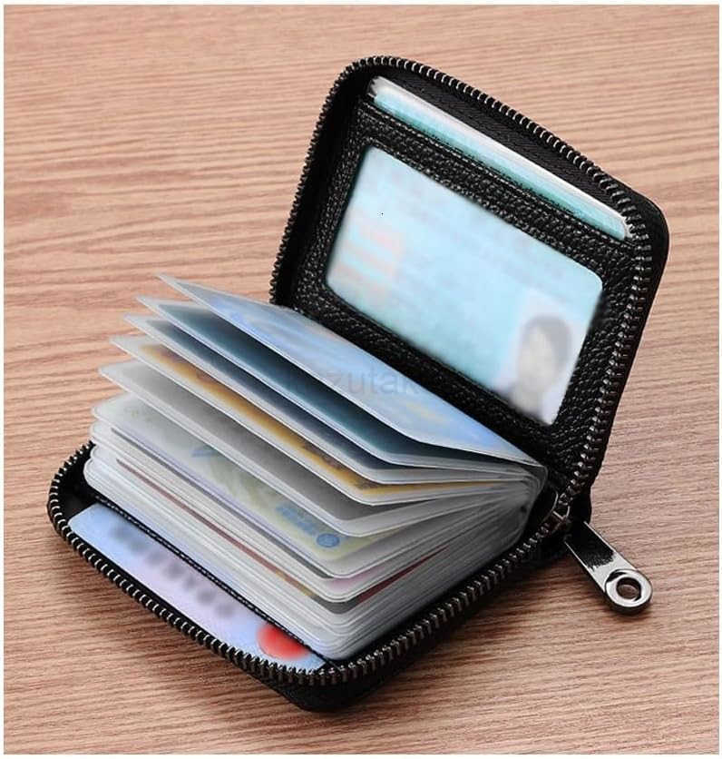Leather CARD Holder Wallet Case Bank Card Case RFID Blocking Secure Card Case ID Case Organizer Zipper Wallet 1 Pcs Black Z250906