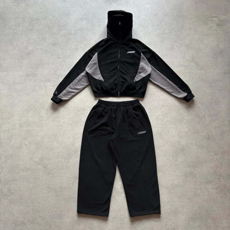 2 Pcs Tracksuit Coords Y2K Retro Men Balaclava Hoodie Embroidery Pattern Streetwear Dark Unisex Oversized Masked Sweatshirt Set 250906