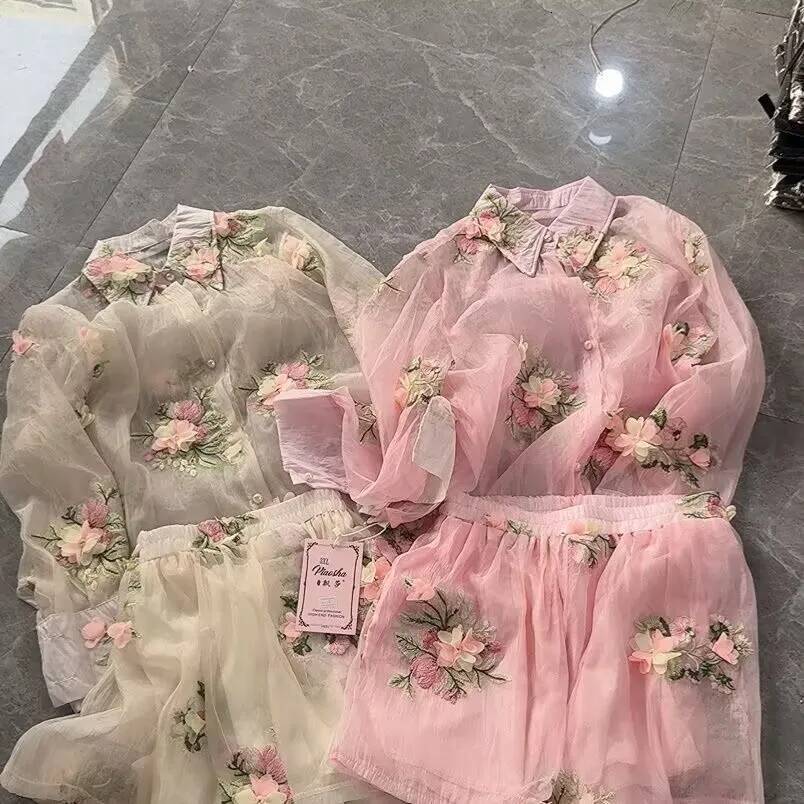 2025 Spring New Perspective design Women's D-Flower Embroidered Chiffon Shirt Flower Mesh Shirt Mesh Cardigan Top Gauze Shorts Designer Set