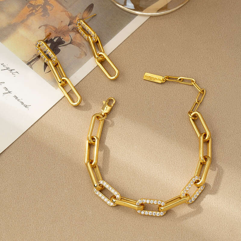 DH collections 2025 New European - American Metal Jewelry Set: Exaggerated Diamond - Inlaid Bracelet and Earrings