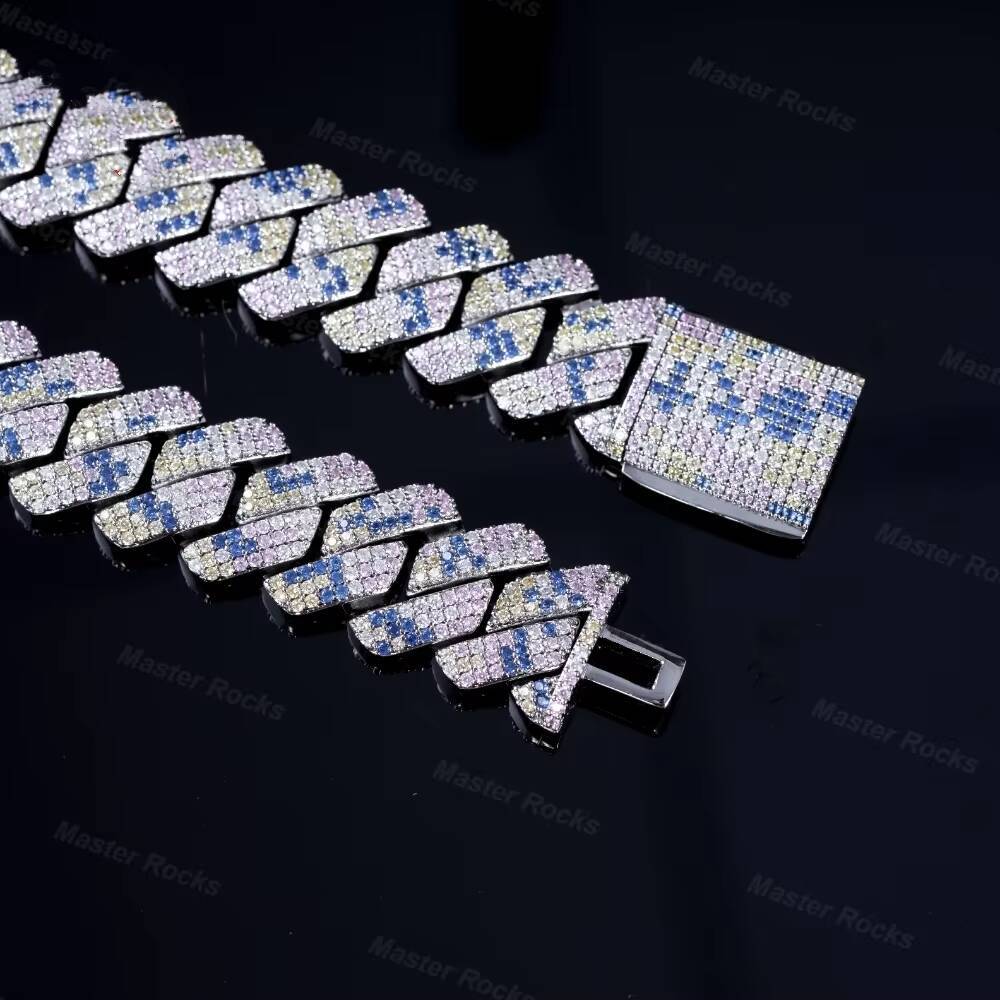 Moissanite Chain Cuban 18mm Necklace 925 Sterling Silver Blue Spotted Pass Diamond Tester Hiphop VVS Moissanite Cuban Chain