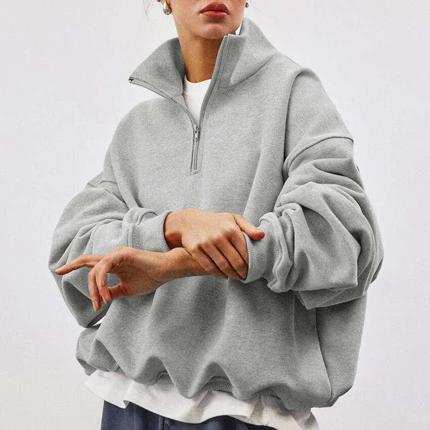 Autumn Winter New Loose Zipper Stand Collar Long Sleeve Gray Sweatshirt Women With Design Sense And Casual Style For Commuting In B5